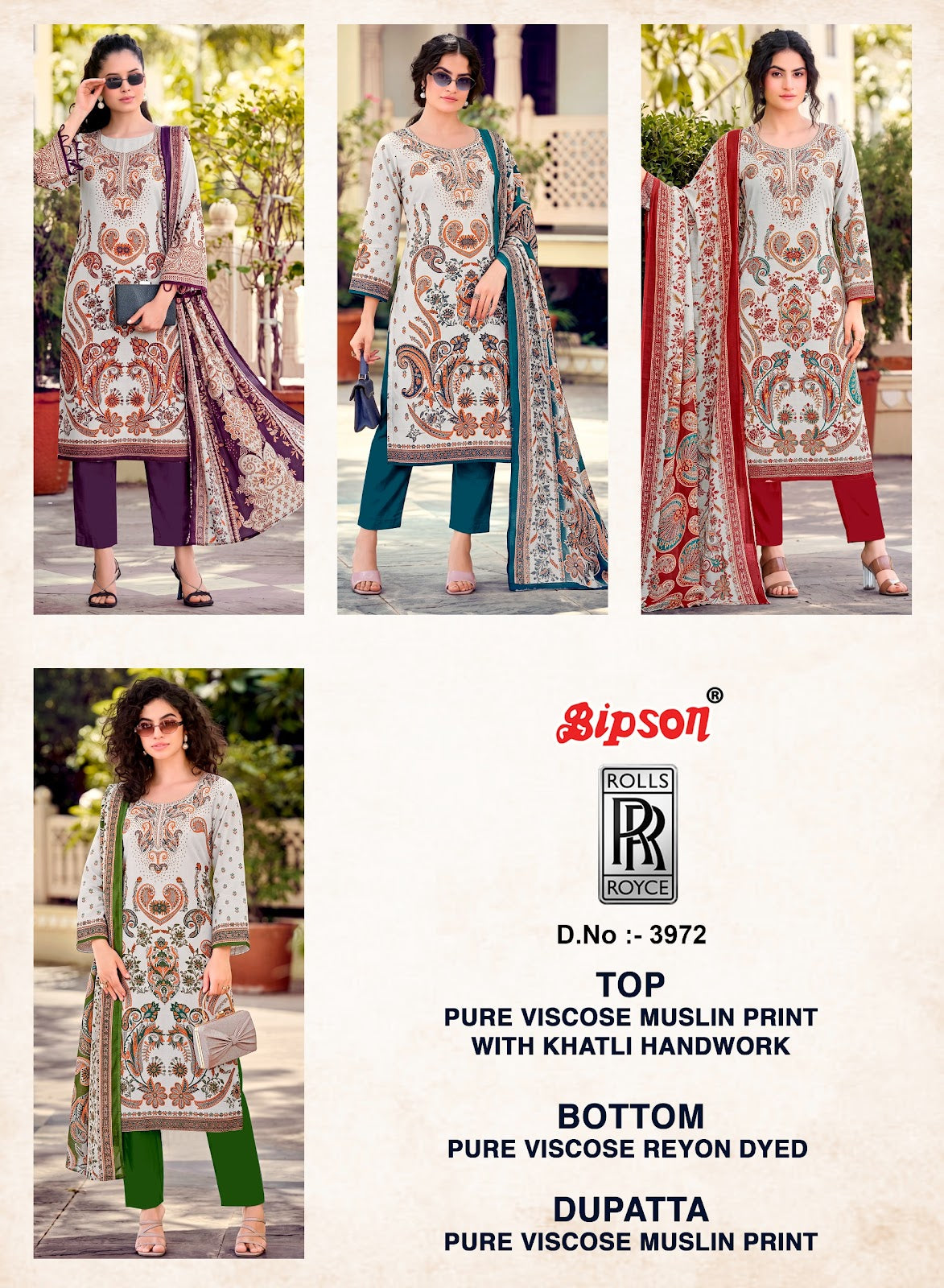 Rolls Royce 3972 Bipson Prints Viscose Muslin Pant Style Suits Exporter India