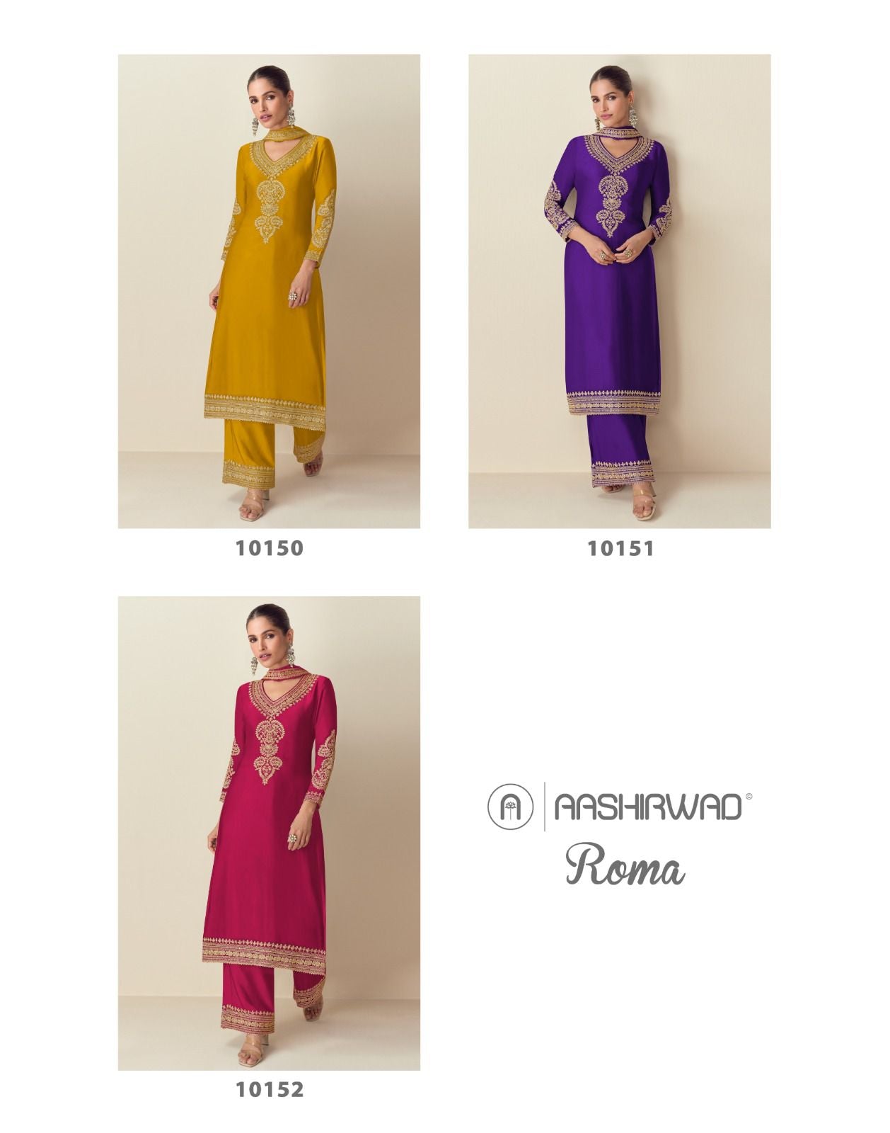 Roma Aashirwad Creation Chinon Silk Readymade Pant Style Suits Wholesaler