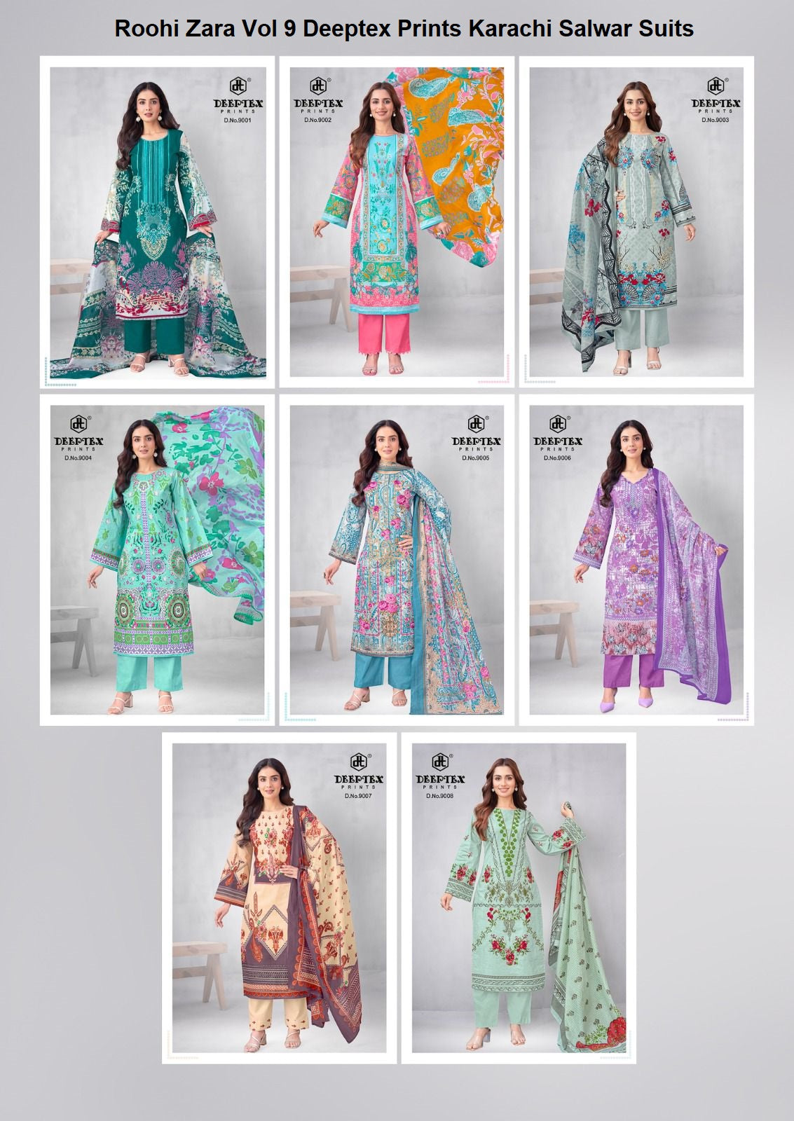 Roohi Zara Vol 9 Deeptex Prints Lawn Cotton Karachi Salwar Suits Supplier Ahmedabad