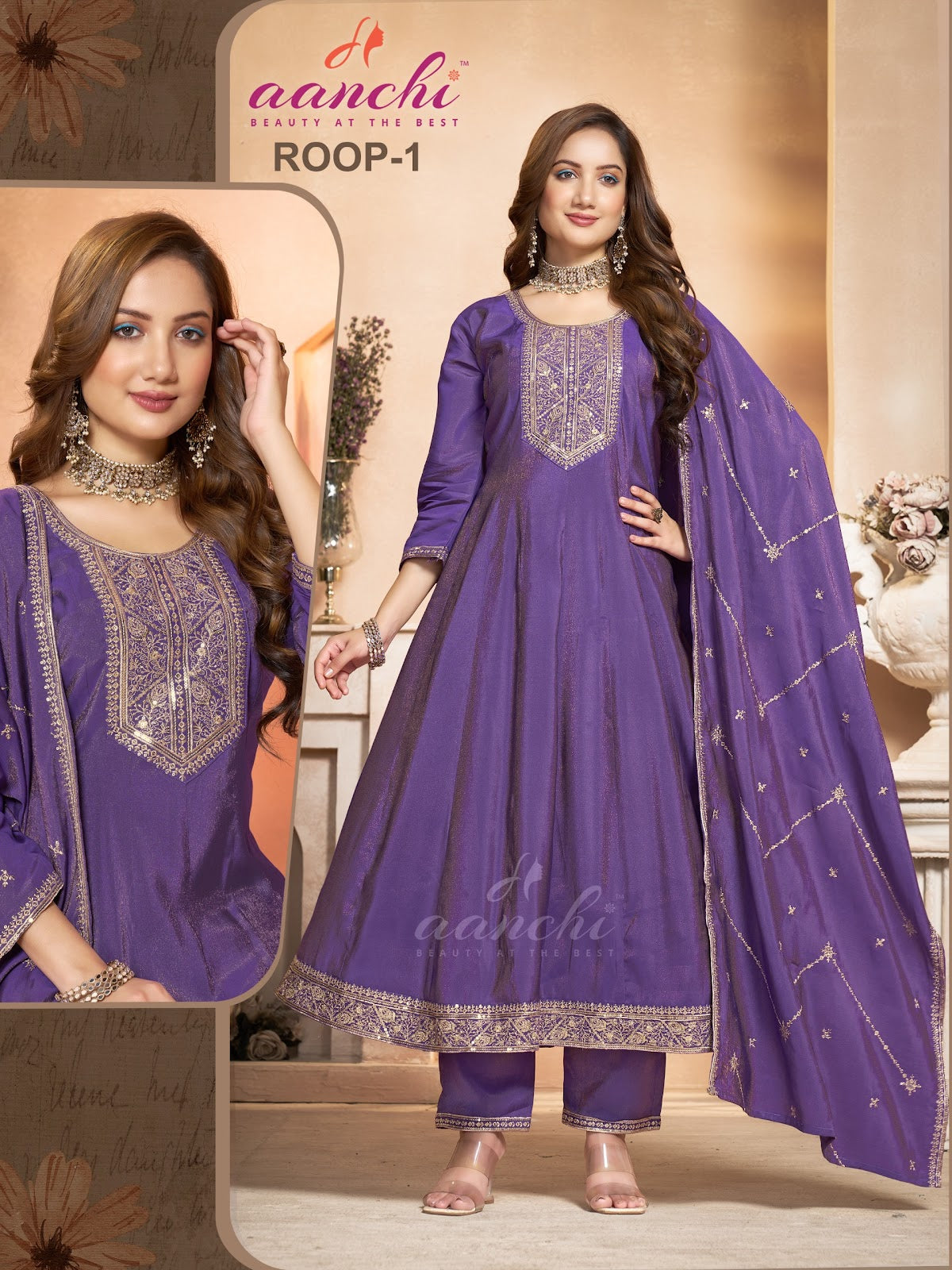 Roop Aanchi Roman Shimmer Readymade Anarkali Suits Exporter