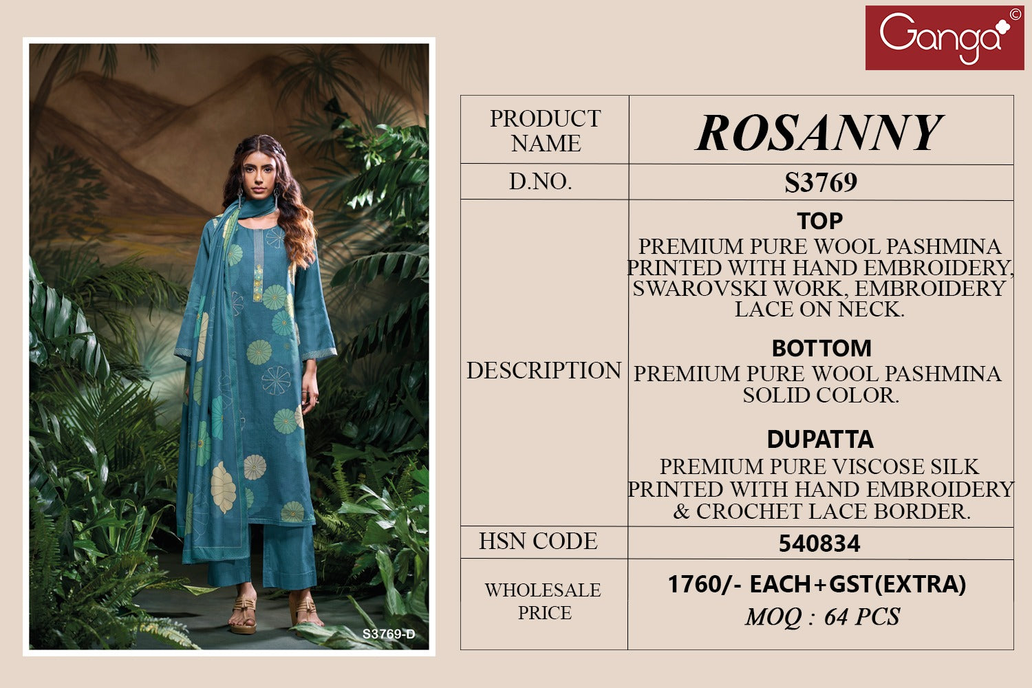 Rosanny 3769 Ganga Pashmina Suits Exporter Ahmedabad