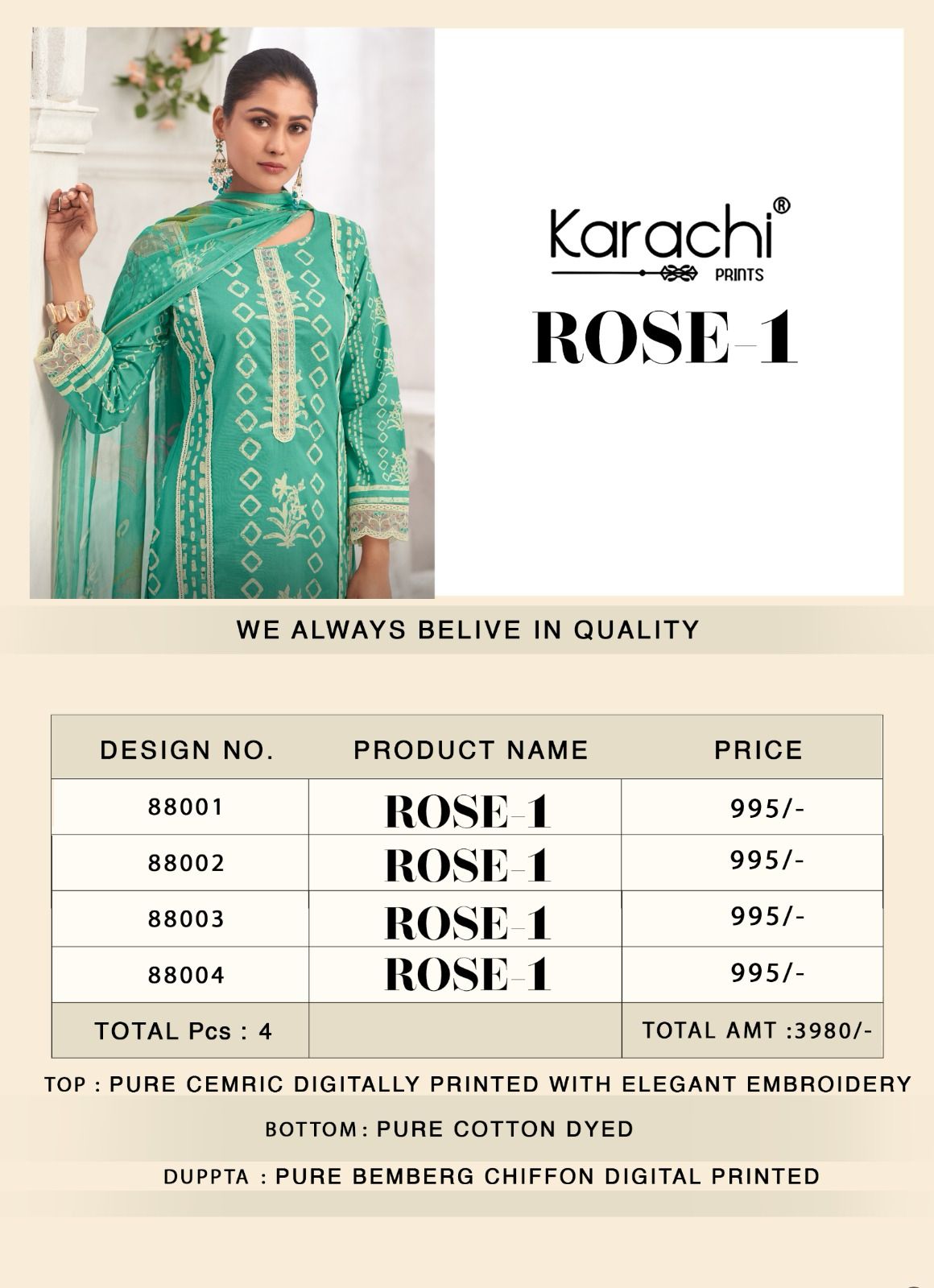 Rose 1 Karachi Prints Cambric Pant Style Suits Wholesale Rate