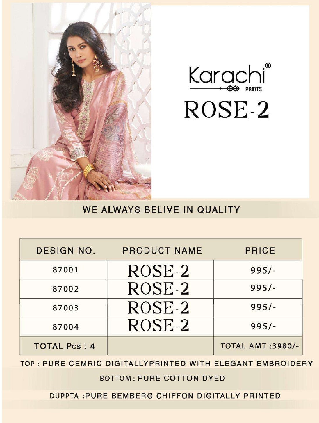 Rose 2 Karachi Prints Cambric Pant Style Suits Wholesale Price