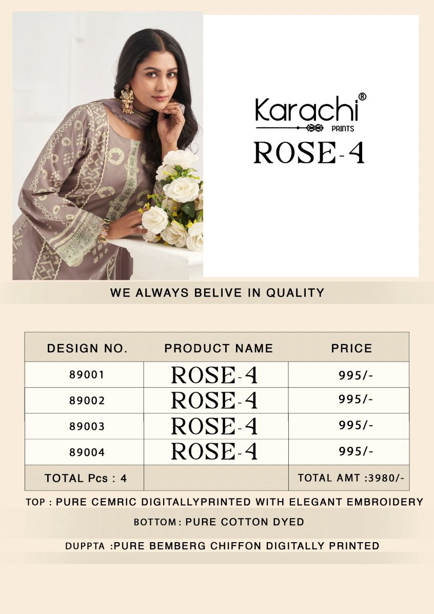 Rose 4 Karachi Prints Cambric Pant Style Suits Wholesale Price