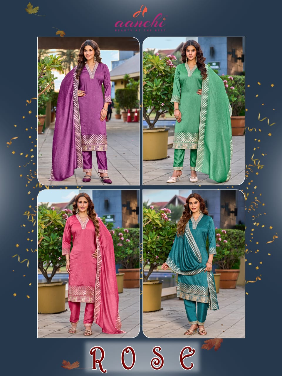 Rose Aanchi Vichitra Silk Readymade Pant Style Suits Exporter Gujarat