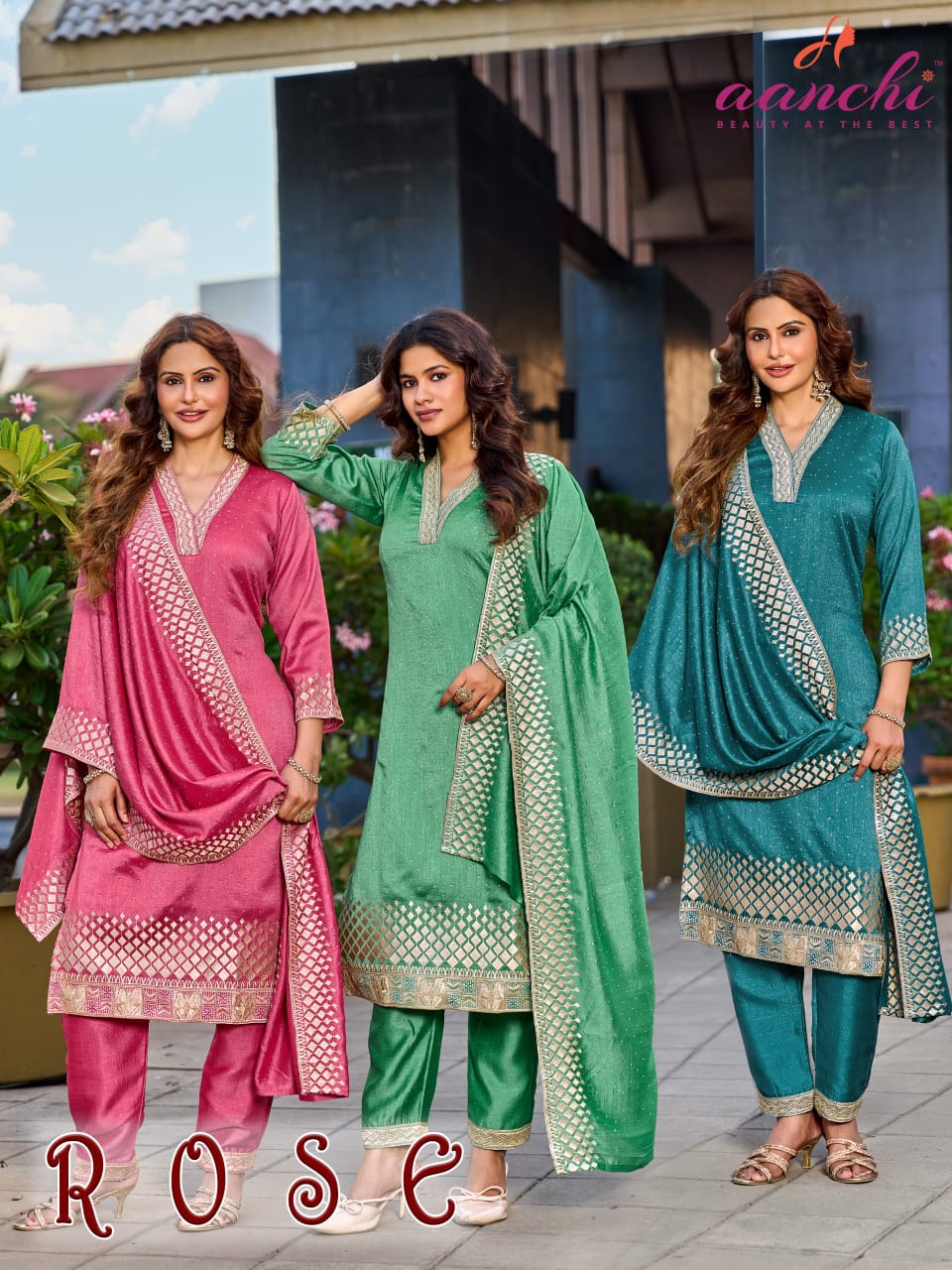 Rose Aanchi Vichitra Silk Readymade Pant Style Suits Exporter Gujarat