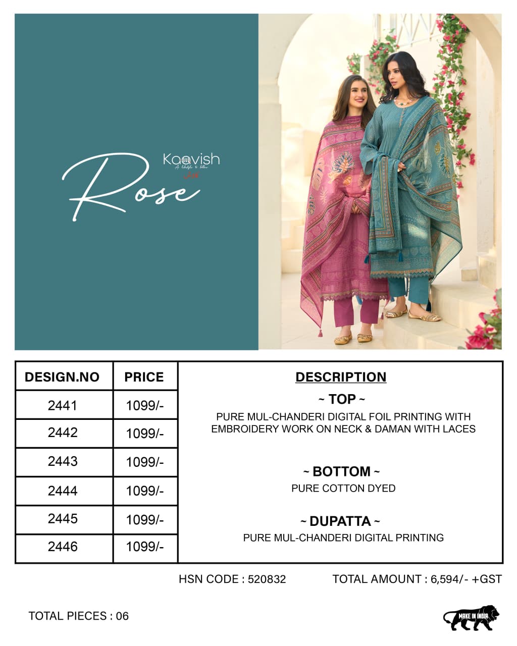 Rose Kaavish Mul Chanderi Pant Style Suits Wholesale Price