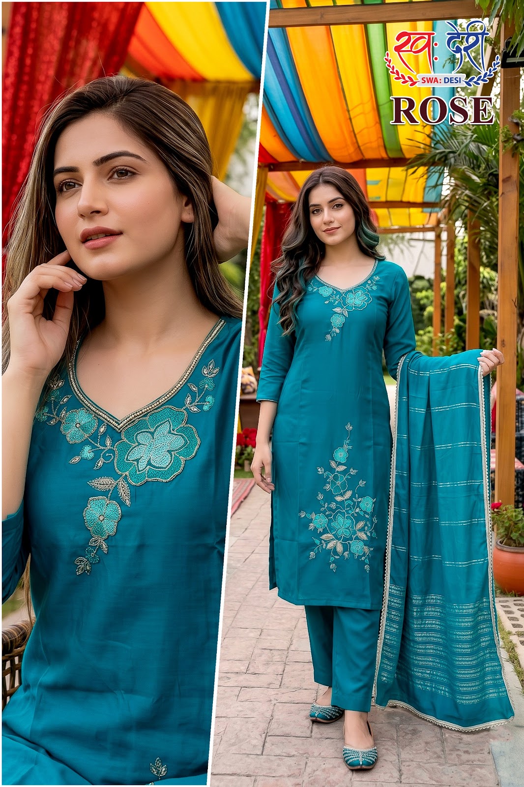 Rose Swa-Desi Roman Silk Readymade Pant Style Suits Exporter