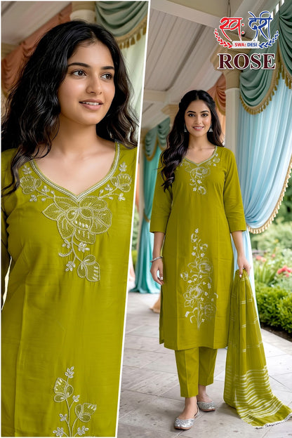 Rose Swa-Desi Roman Silk Readymade Pant Style Suits Exporter