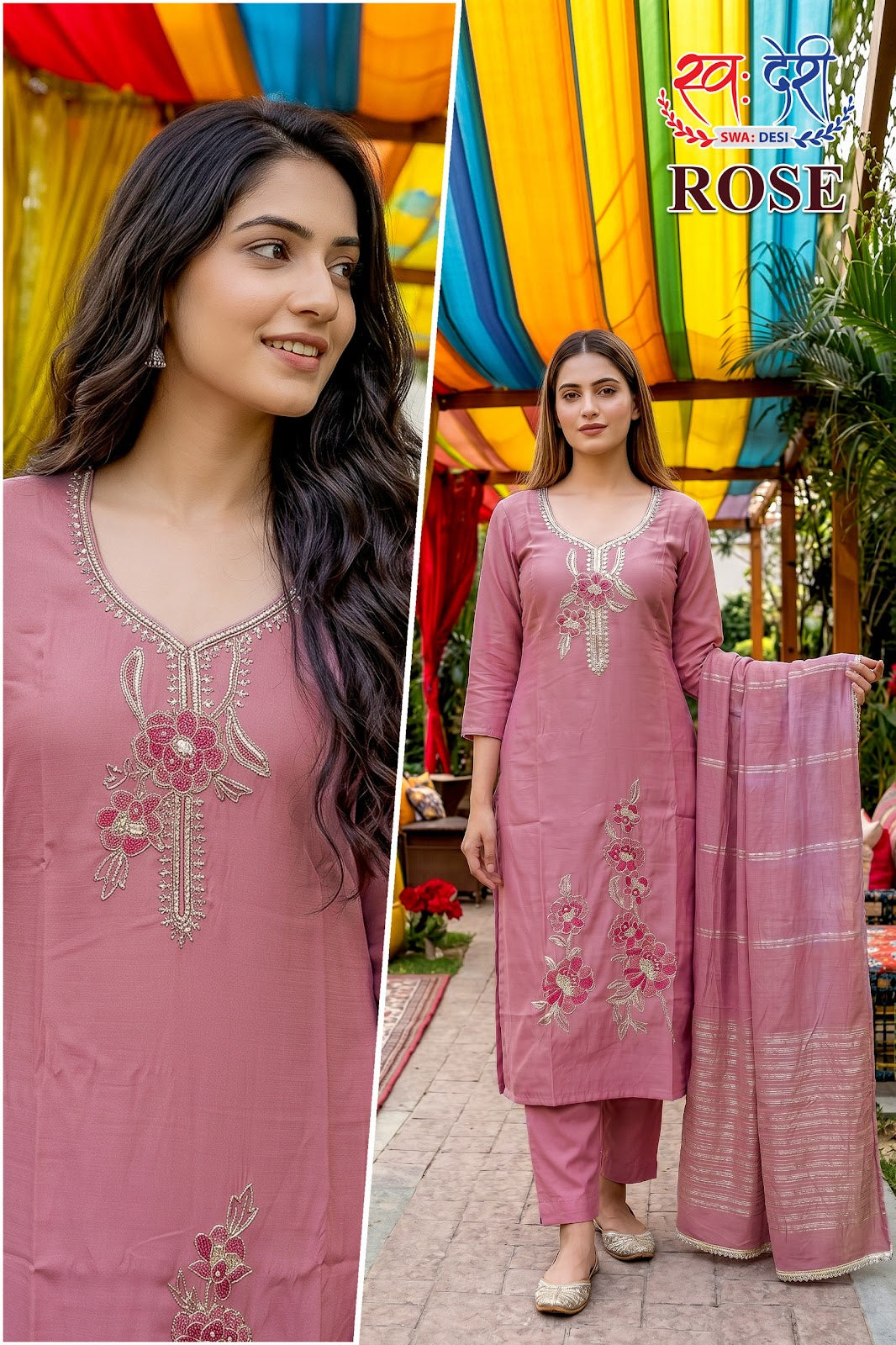 Rose Swa-Desi Roman Silk Readymade Pant Style Suits Exporter