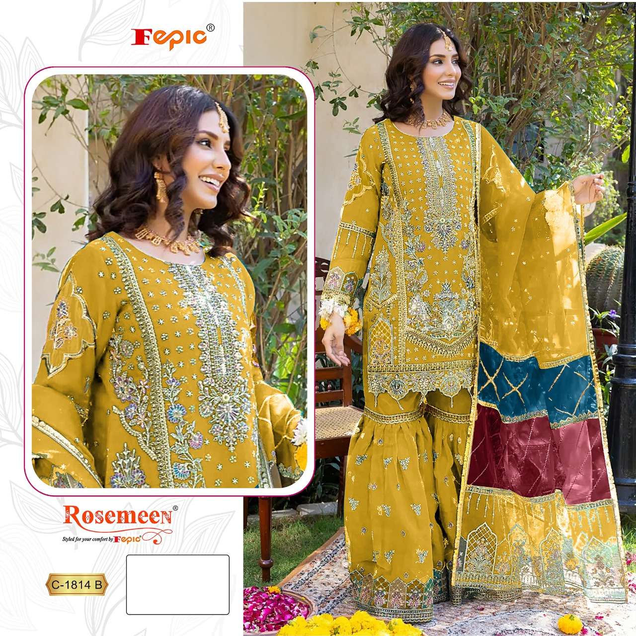 रोज़मीन सी 1814 फेपिक ऑर्गेंजा पाकिस्तानी सलवार सूट निर्यातक गुजरात