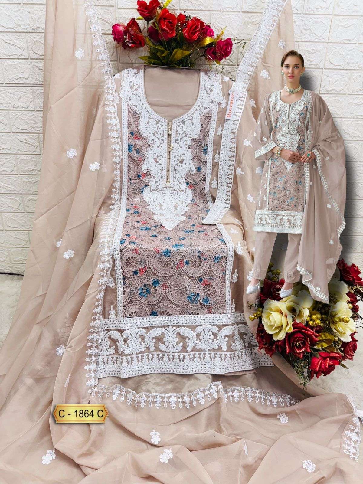 रोज़मीन सी 1864 फेपिक ऑर्गेंजा पाकिस्तानी सलवार सूट थोक मूल्य