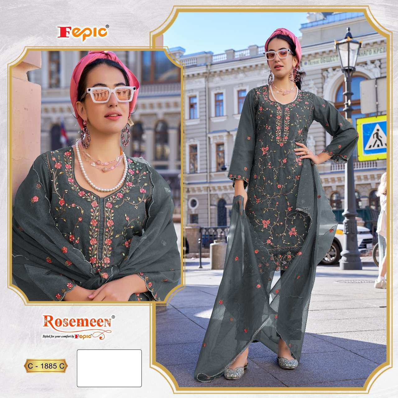 रोज़मीन सी 1885 फेपिक ऑर्गेंजा पाकिस्तानी सलवार सूट निर्यातक अहमदाबाद