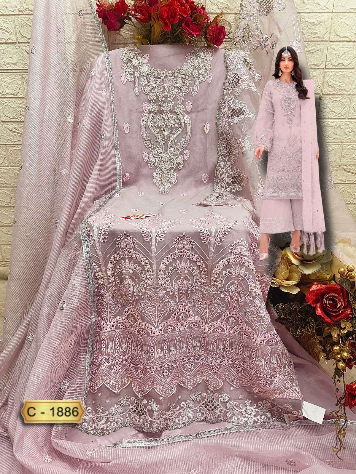 Rosemeen C 1886 Fepic Organza Pakistani Salwar Suits Exporter Ahmedabad