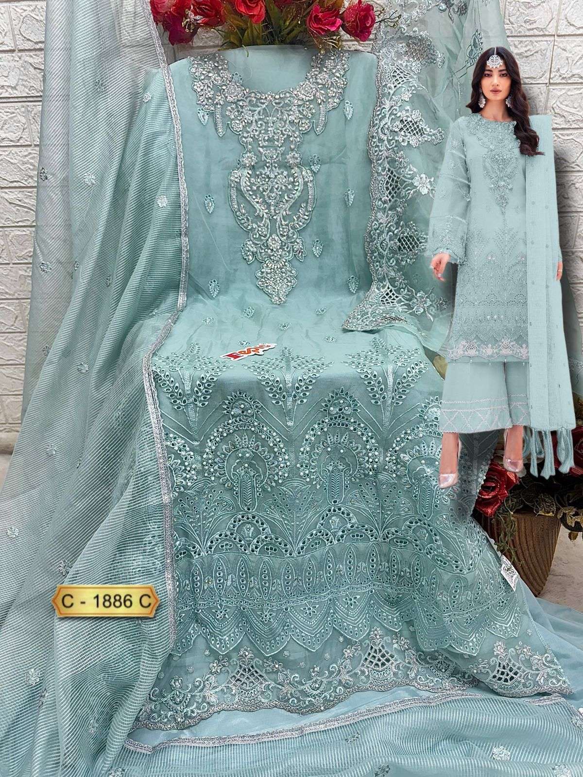 Rosemeen C 1886 Fepic Organza Pakistani Salwar Suits Exporter Ahmedabad