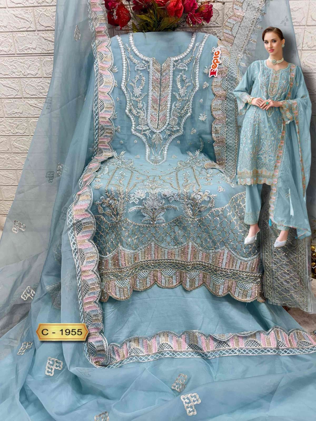 Rosemeen C 1955 Fepic Organza Pakistani Salwar Suits Supplier India