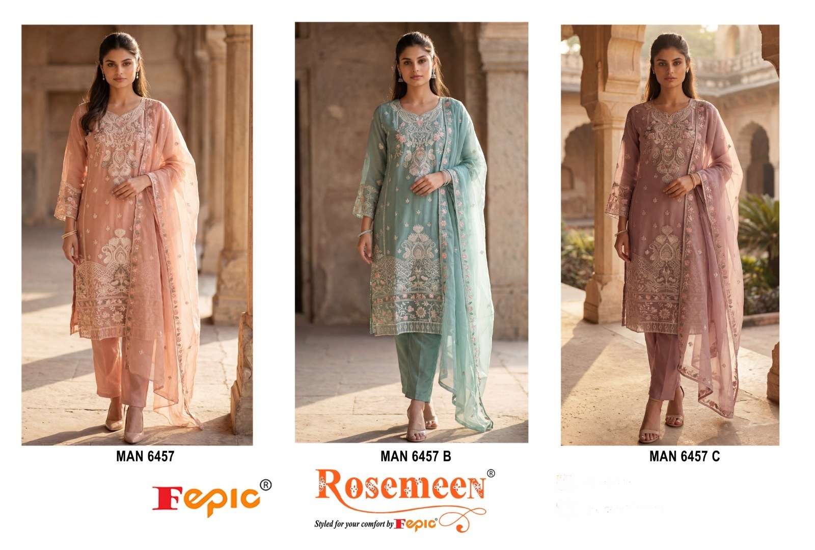 Rosemeen Man 6457 Fepic Chiffon Pakistani Salwar Suits Exporter Gujarat