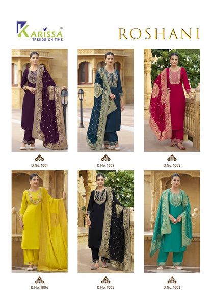 Roshani Karissa Roman Silk Readymade Pant Style Suits Manufacturer Ahmedabad