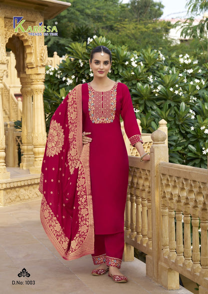 Roshani Karissa Roman Silk Readymade Pant Style Suits Manufacturer Ahmedabad