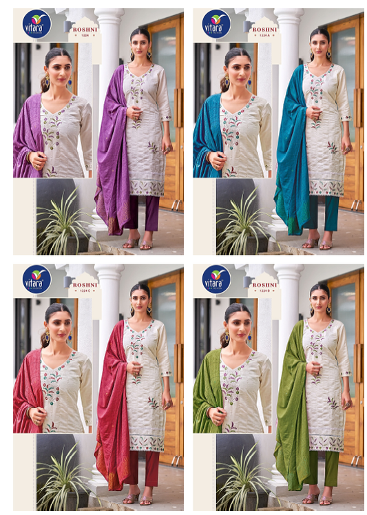 Roshni Vitara Roman Silk Readymade Pant Style Suits Supplier