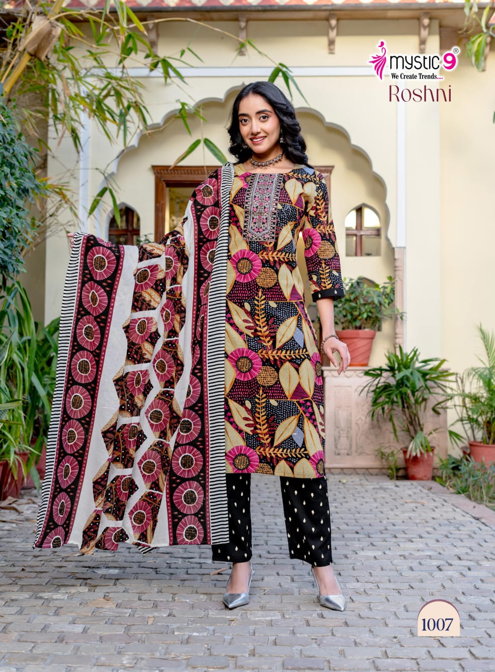 Roshni Vol 1 Mystic 9 Cambric Cotton Readymade Pant Style Suits Manufacturer India