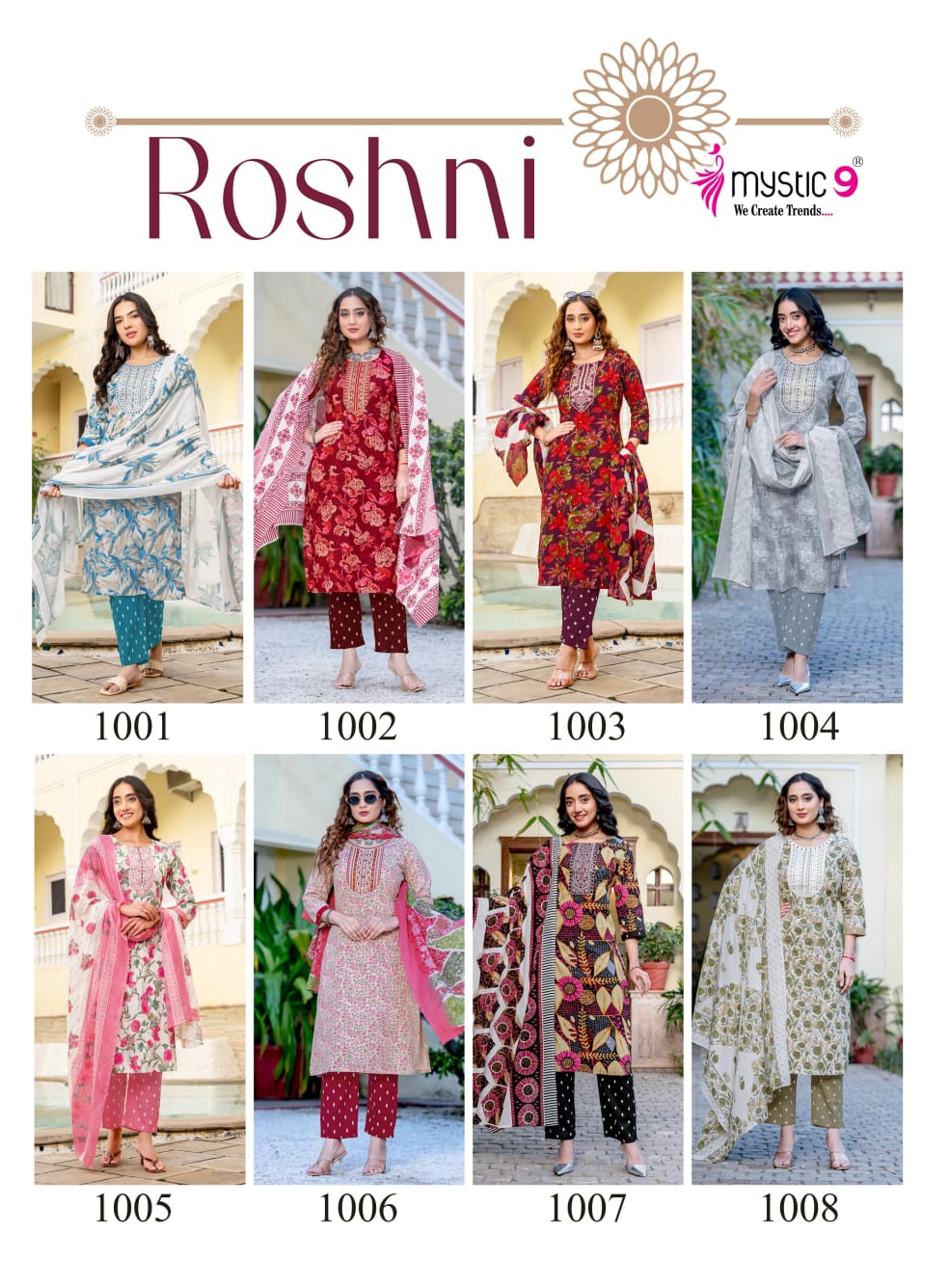 Roshni Vol 1 Mystic 9 Cambric Cotton Readymade Pant Style Suits Manufacturer India