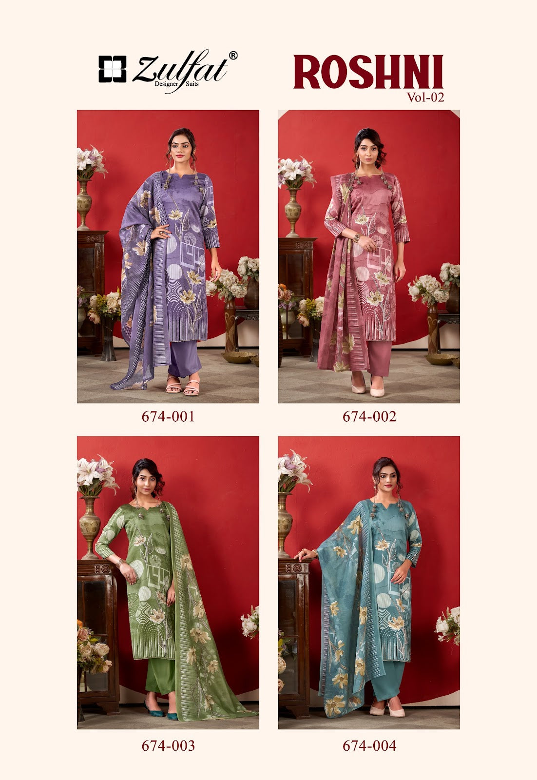 Roshni Vol 2 Zulfat Designer Cotton Karachi Salwar Suits Exporter Ahmedabad