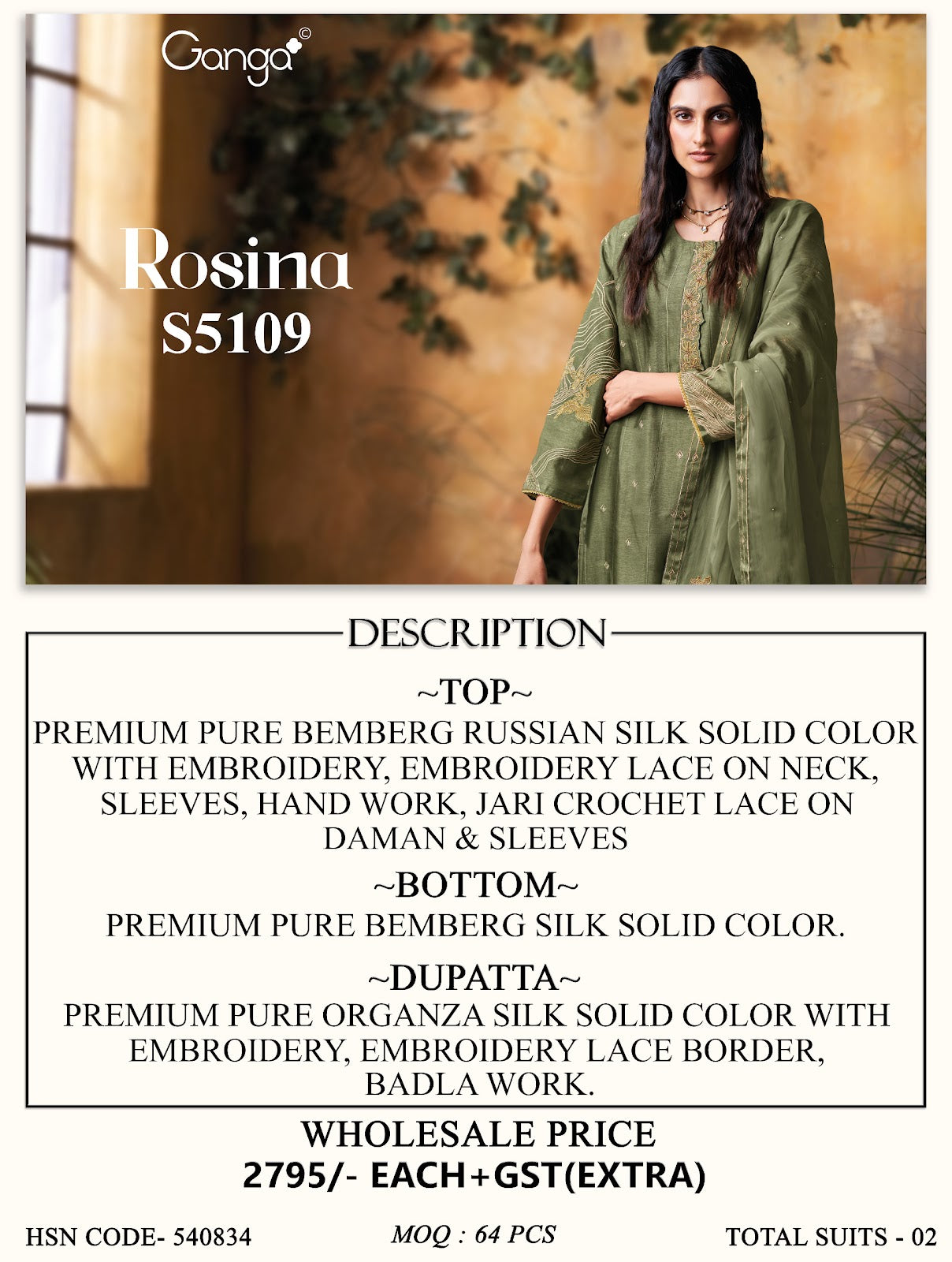 Rosina S5109 Ganga Russian Silk Plazzo Style Suits Exporter Ahmedabad