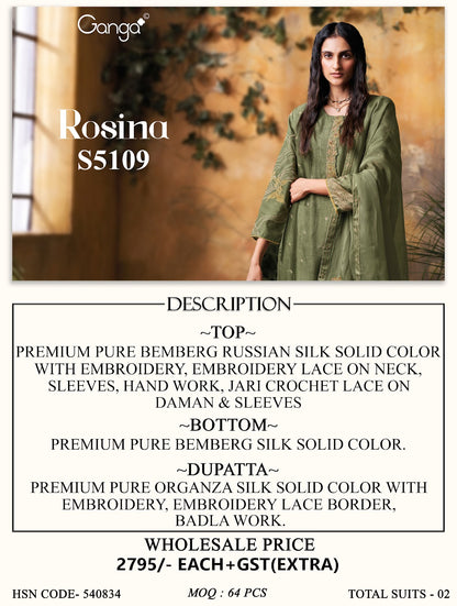 Rosina S5109 Ganga Russian Silk Plazzo Style Suits Exporter Ahmedabad