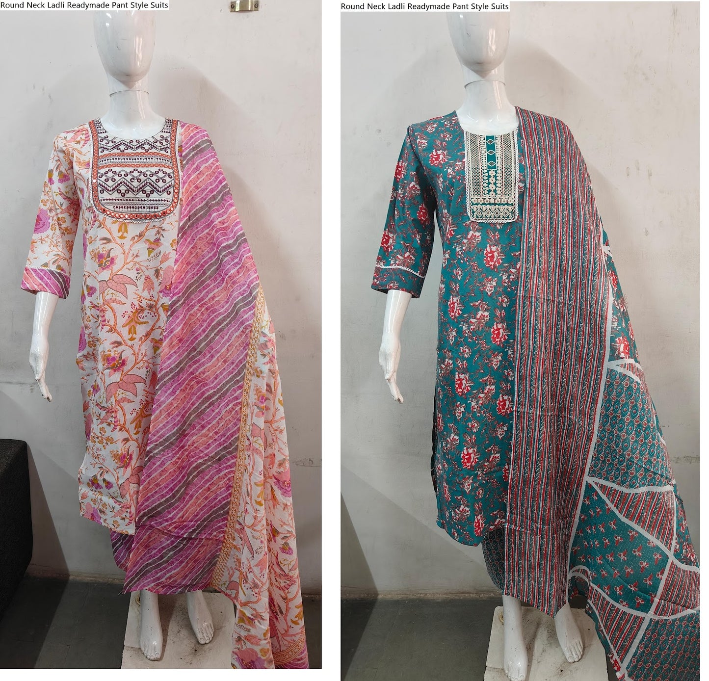 Round Neck Ladli Cotton Cambric Readymade Pant Style Suits Wholesale Price