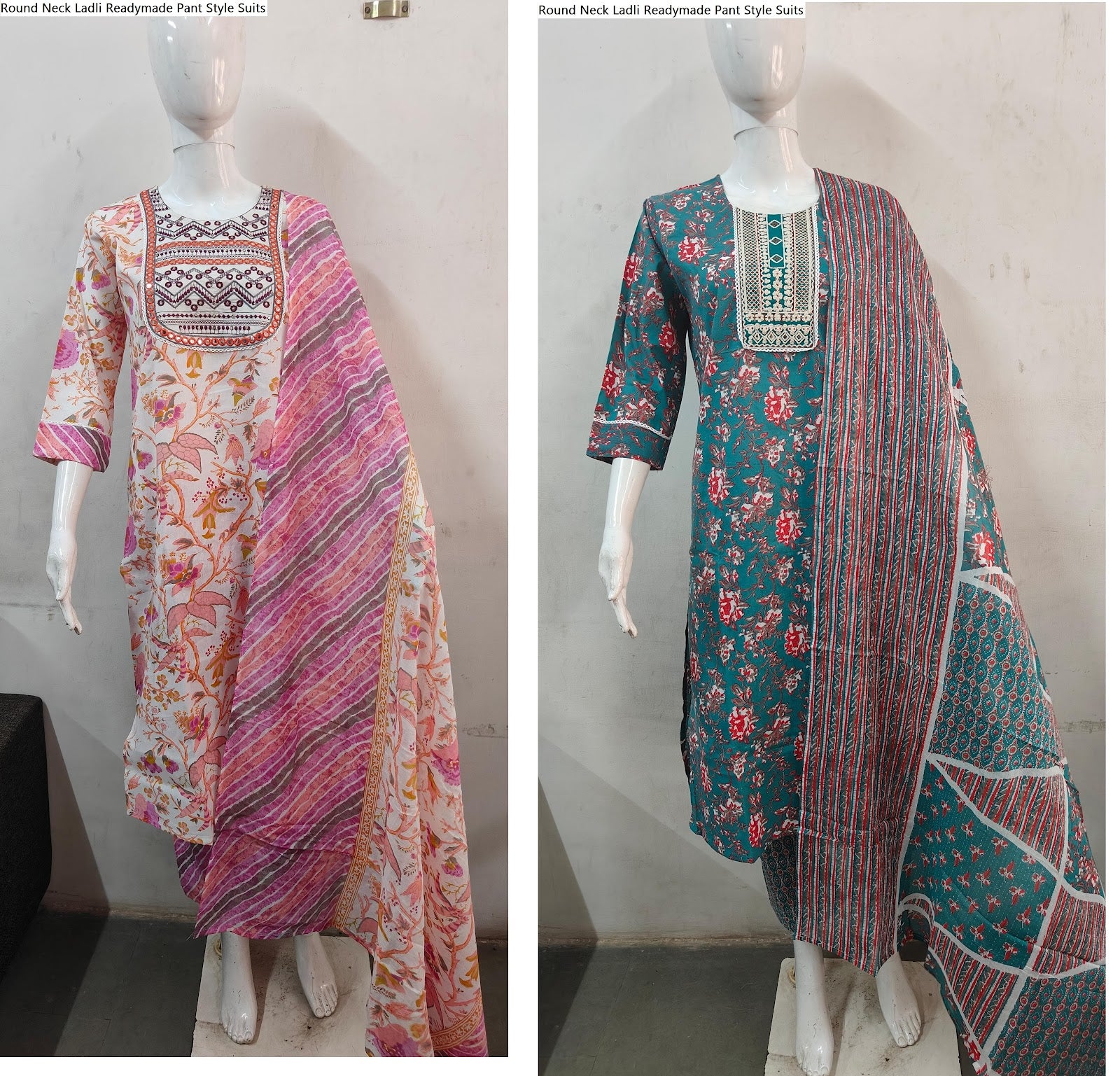 Round Neck Ladli Cotton Cambric Readymade Pant Style Suits Wholesale Price