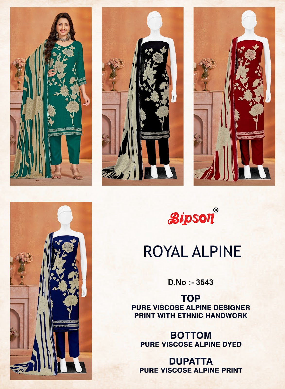 Royal Alpine 3543 Bipson Prints Pure Viscose Pant Style Suits Manufacturer