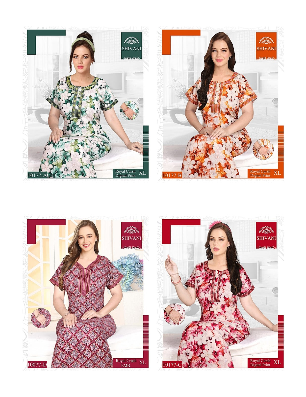 Royal Crush Digital Print Shivani Satin Night Gowns Wholesale Price