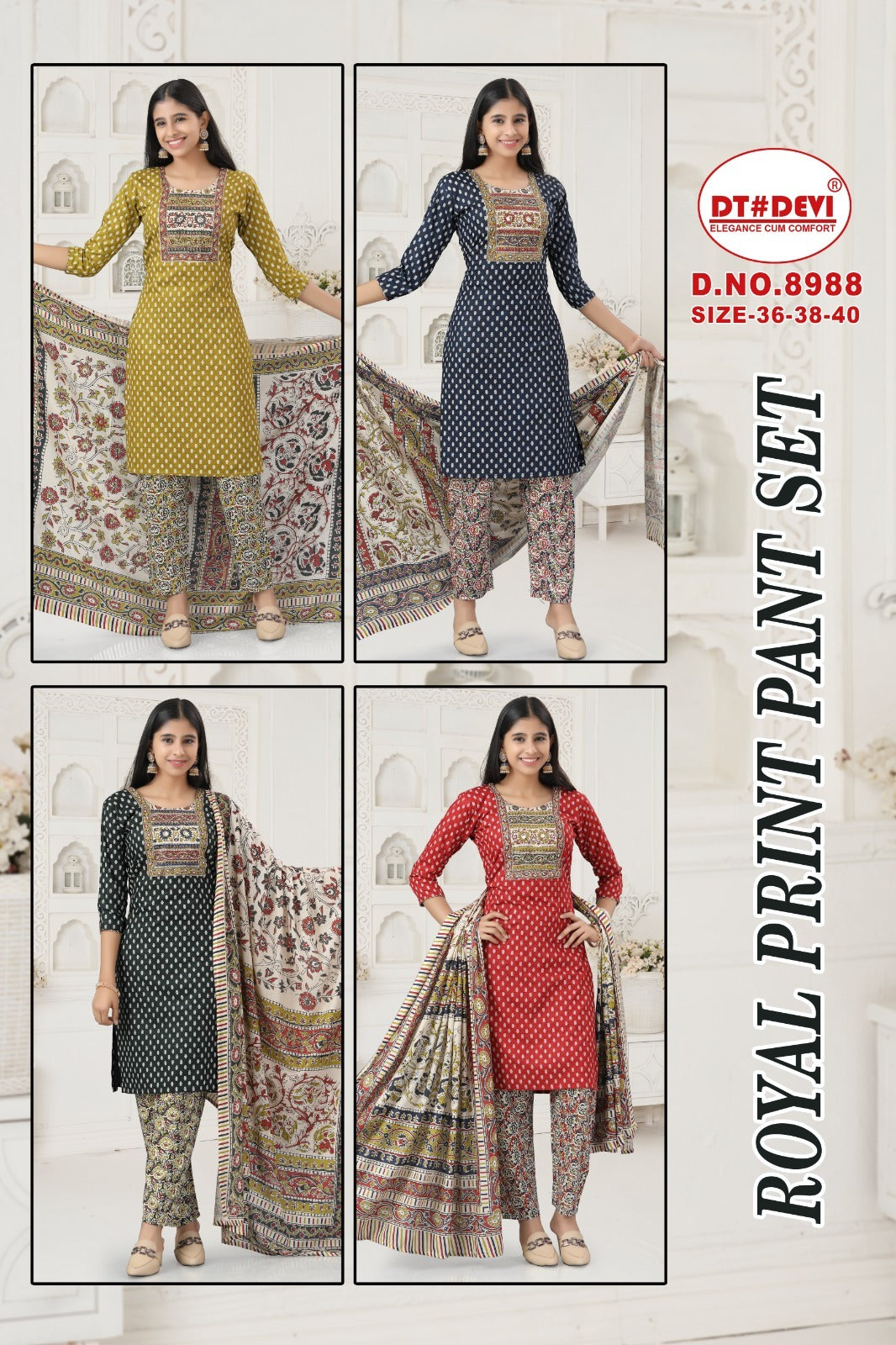 Royal Print Dn 8988 Dt Devi Cotton Girls Readymade Pant Suits Wholesale Rate