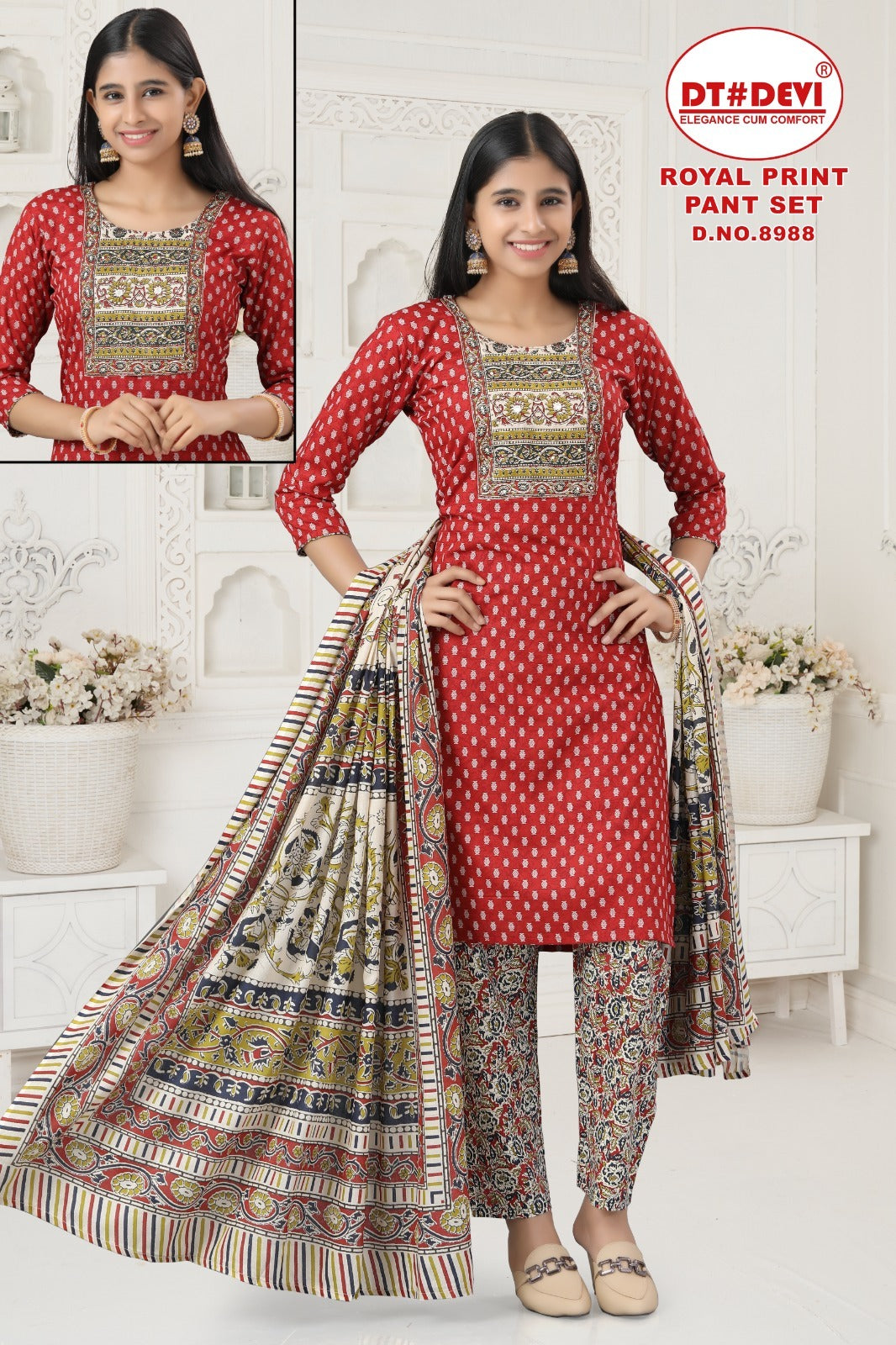 Royal Print Dn 8988 Dt Devi Cotton Girls Readymade Pant Suits Wholesale Rate