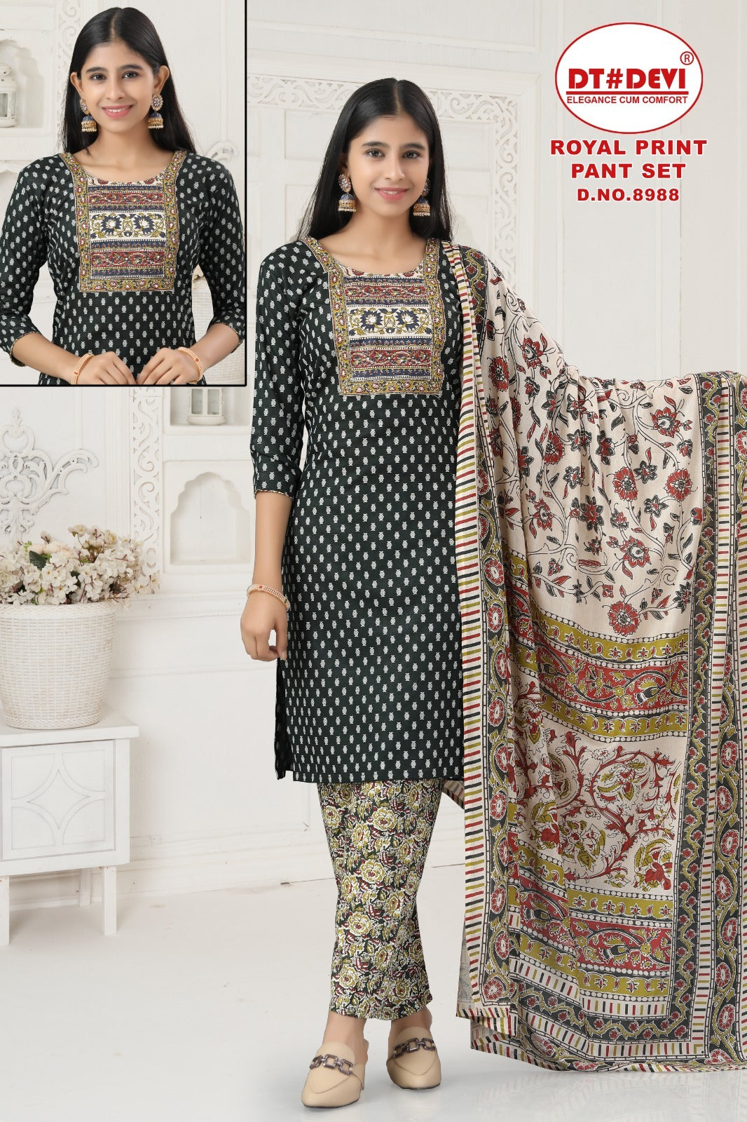 Royal Print Dn 8988 Dt Devi Cotton Girls Readymade Pant Suits Wholesale Rate