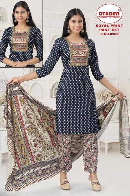 Royal Print Dn 8988 Dt Devi Cotton Girls Readymade Pant Suits Wholesale Rate