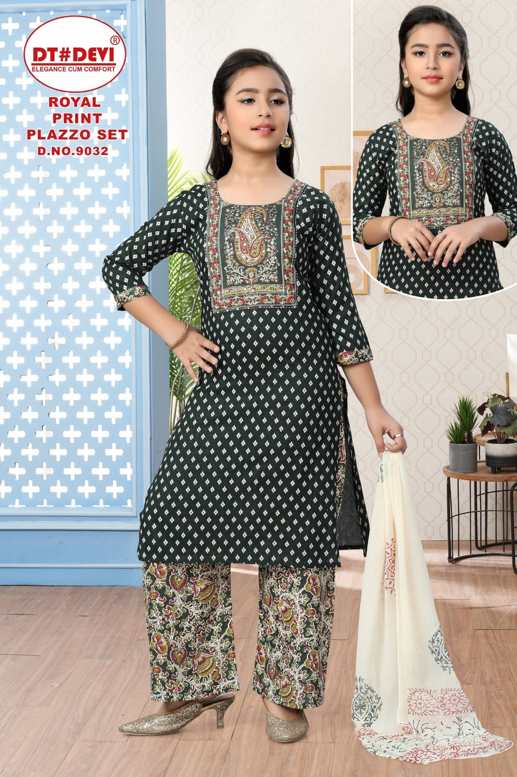 Royal Print Dn 9032 Dt Devi Cotton Girls Readymade Palazzo Suits Wholesale