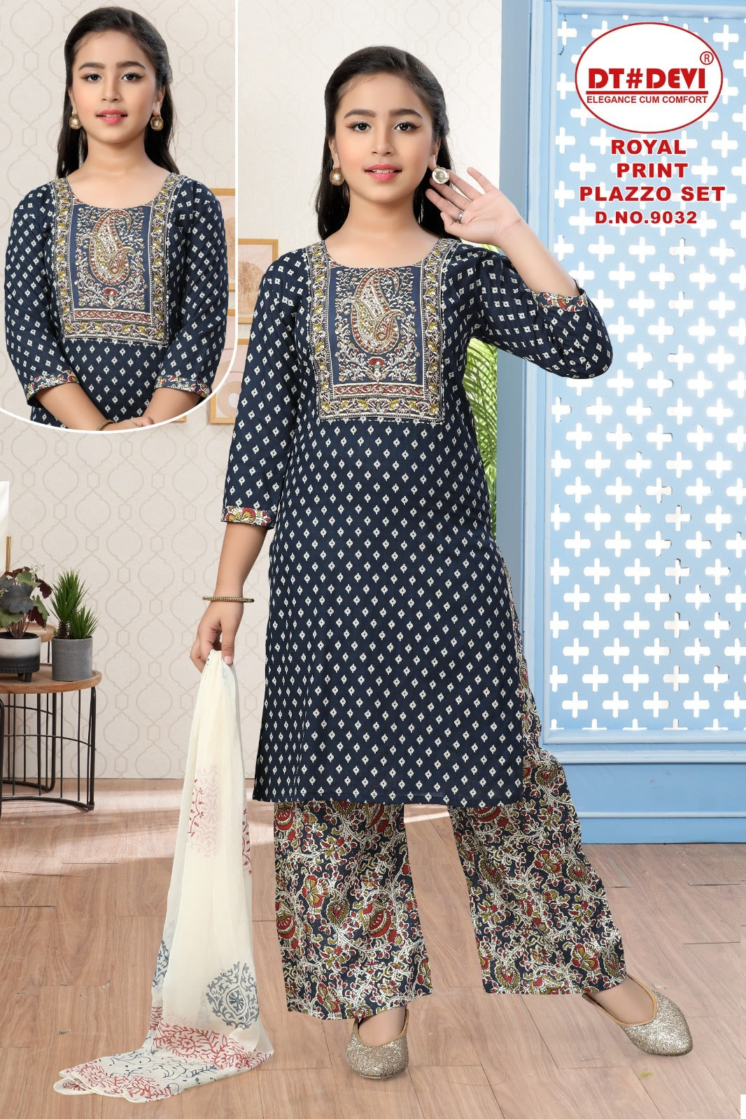 Royal Print Dn 9032 Dt Devi Cotton Girls Readymade Palazzo Suits Wholesale