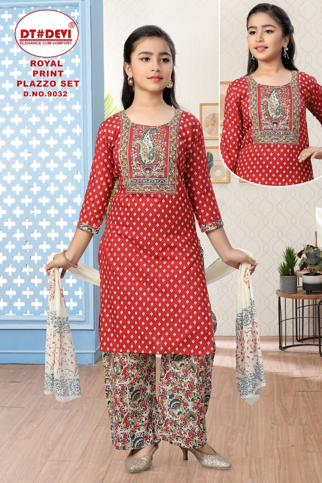 Royal Print Dn 9032 Dt Devi Cotton Girls Readymade Palazzo Suits Wholesale