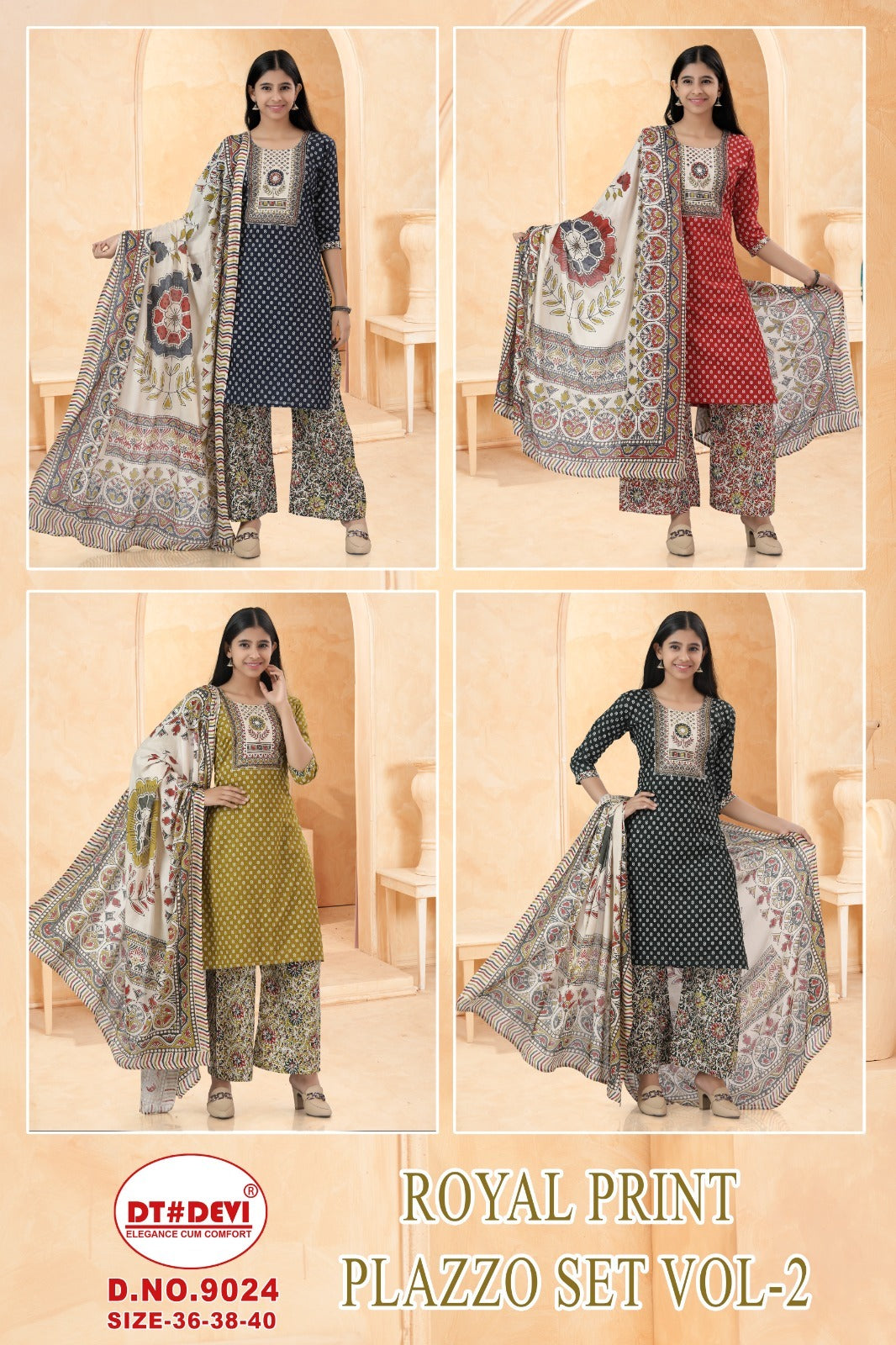 Royal Print Vol 2 Dn 9024 Dt Devi Cotton Girls Readymade Palazzo Suits Supplier India