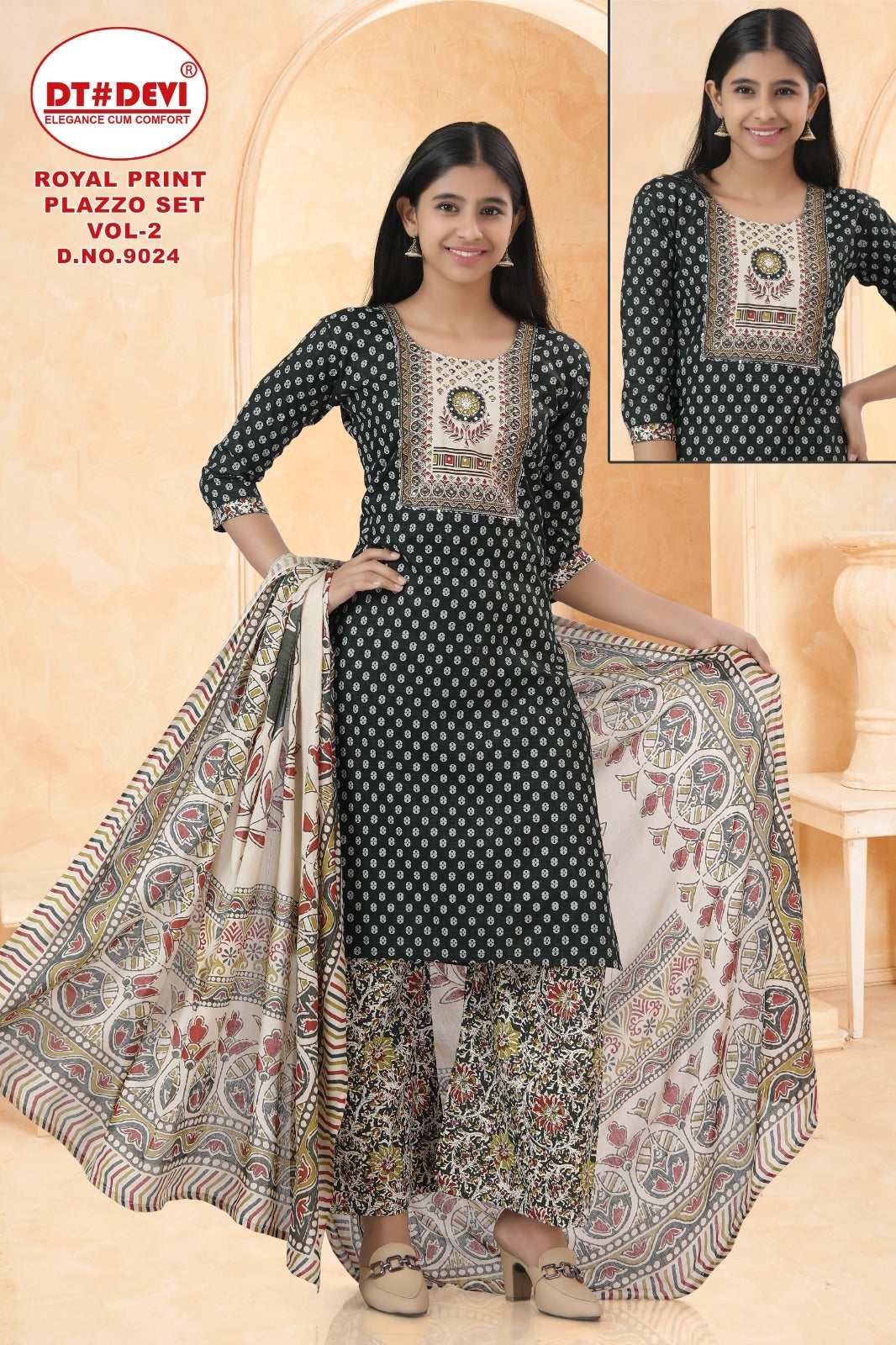 Royal Print Vol 2 Dn 9024 Dt Devi Cotton Girls Readymade Palazzo Suits Supplier India
