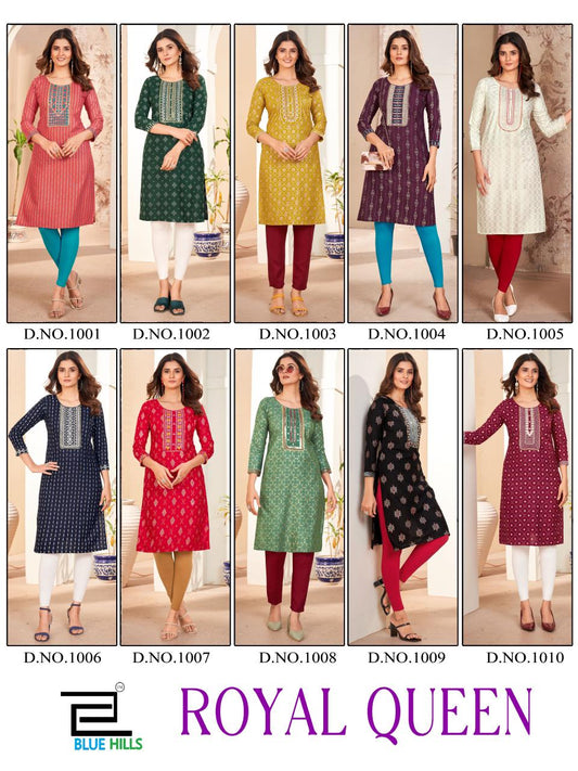 Royal Queen Blue Hills Rayon 14Kg Straight Cut Kurtis Manufacturer Ahmedabad