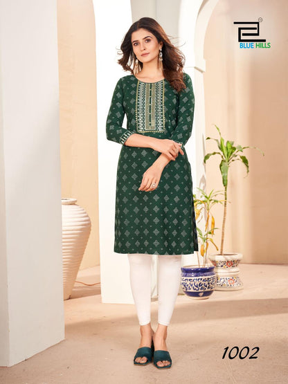 Royal Queen Blue Hills Rayon 14Kg Straight Cut Kurtis Manufacturer Ahmedabad