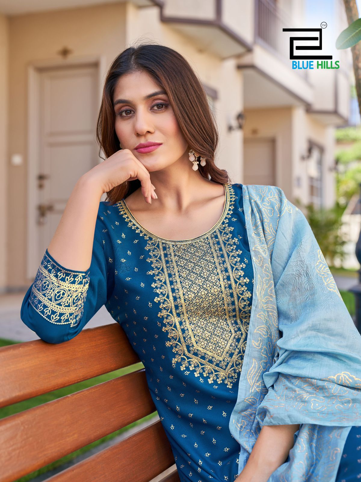Royal Touch Vol 10 Nx Blue Hills Rayon 14Kg Readymade Pant Style Suits Exporter Gujarat