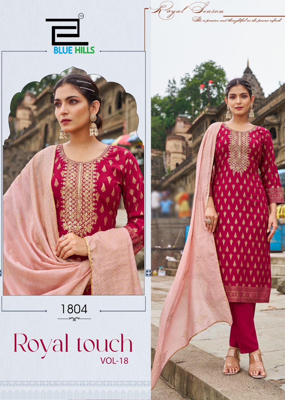 Royal Touch Vol 18 Blue Hills Rayon 14Kg Readymade Pant Style Suits Wholesale Price