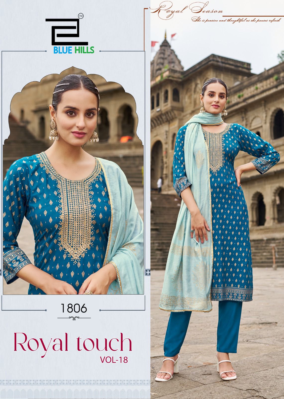 Royal Touch Vol 18 Blue Hills Rayon 14Kg Readymade Pant Style Suits Wholesale Price