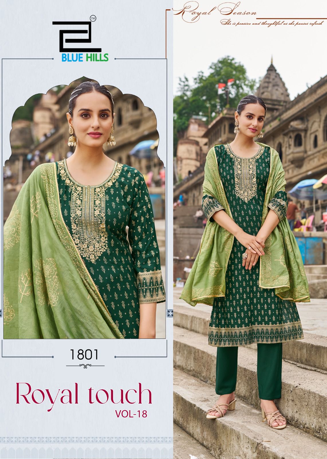 Royal Touch Vol 18 Blue Hills Rayon 14Kg Readymade Pant Style Suits Wholesale Price