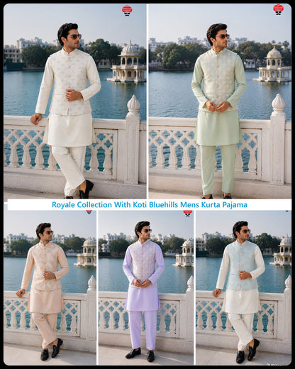 Royale Collection With Koti Bluehills Satin Mens Kurta Pajama Exporter Ahmedabad