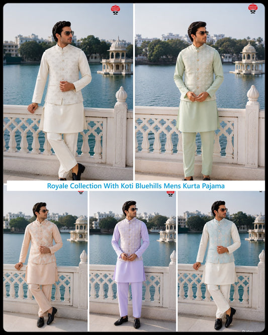 Royale Collection With Koti Bluehills Satin Mens Kurta Pajama Exporter Ahmedabad